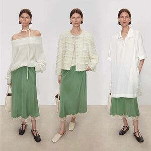 CHICJOC 100% Silk Bias-Cut Green Midi Skirt w/ Lace Hem size 38